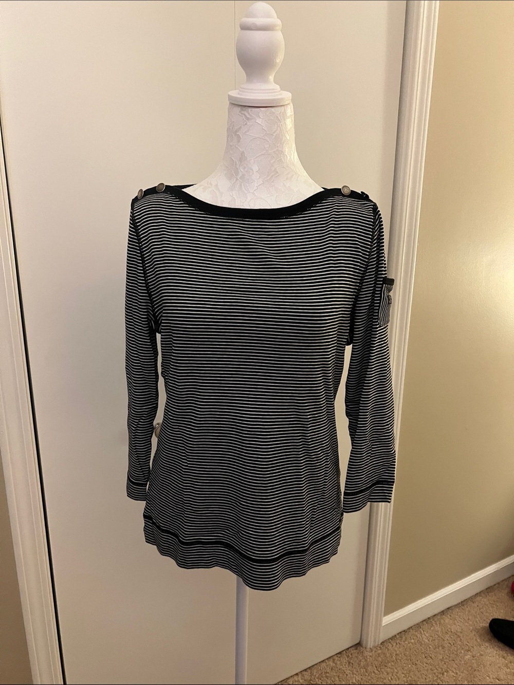 Ralph Lauren Black and White Striped 3/4 Sleeve Top with Shoulder Buttons